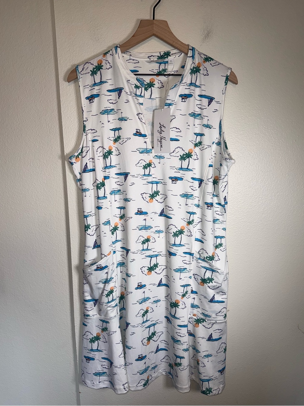 LADY HAGEN White Golf Island Print Athletic Sleeveless Dress w Shorts XL